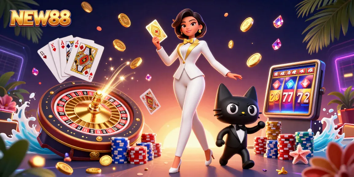 Experience thrilling gameplay with NEW88 featuring a glamorous dealer and dynamic gaming elements.