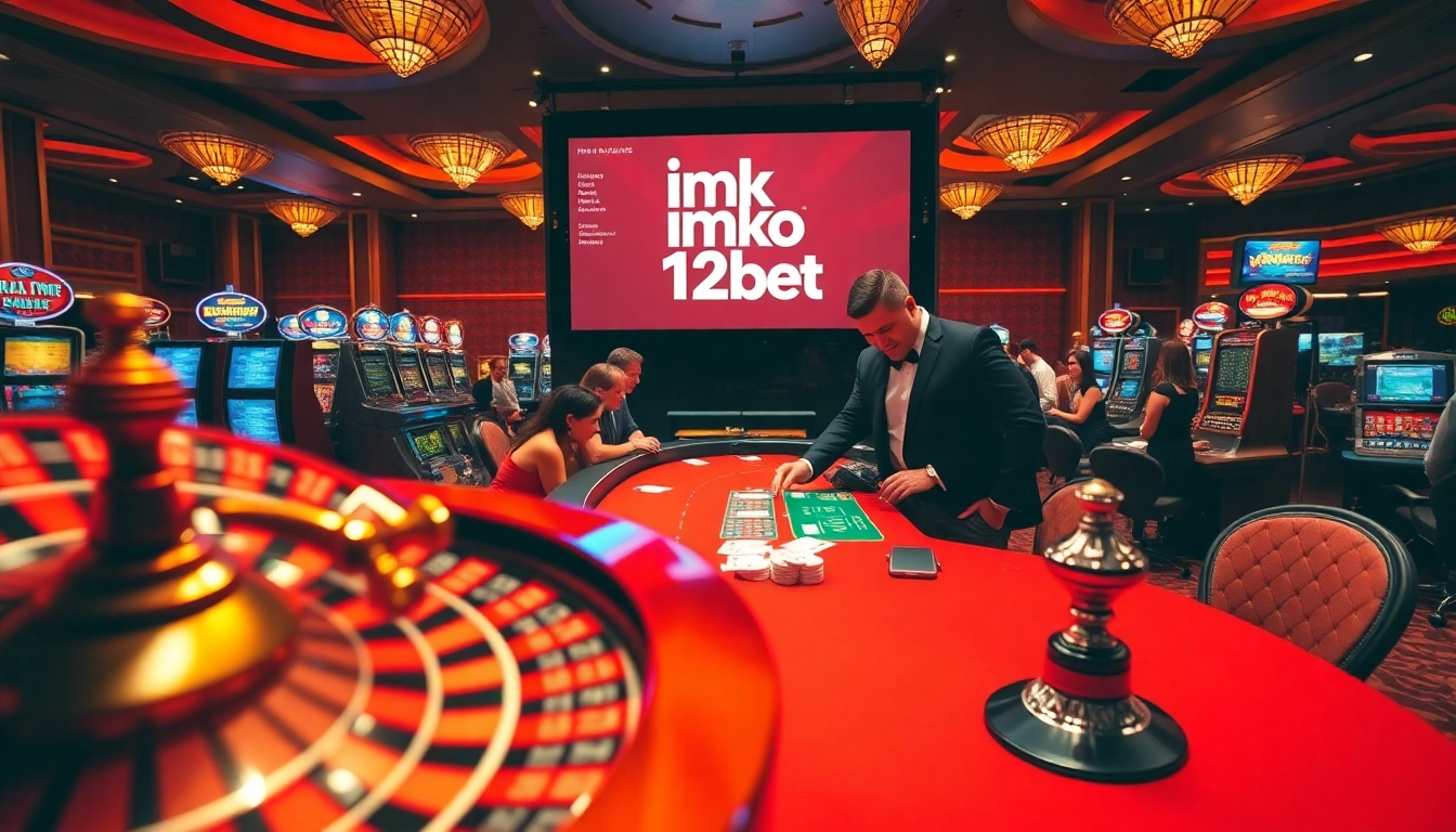 Engaging scene showing players enjoying 'ink vao 12bet' at a luxurious casino table with vibrant atmosphere.