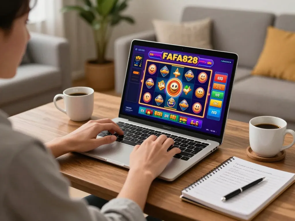 บุคคลที่เล่นเกมคาสิโน FAFA828 อย่างมีทักษะบนแล็ปท็อปที่ทันสมัยในบรรยากาศที่อบอุ่นในบ้าน