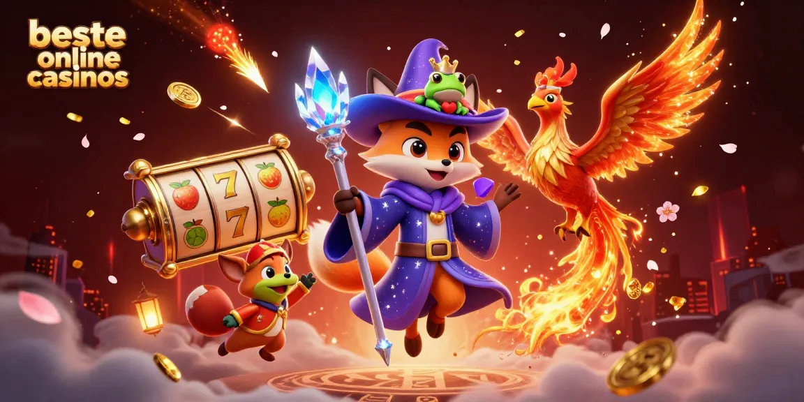 Engage with the beste online casinos through a magical illustration featuring a wizard, phoenix, and enchanted elements.