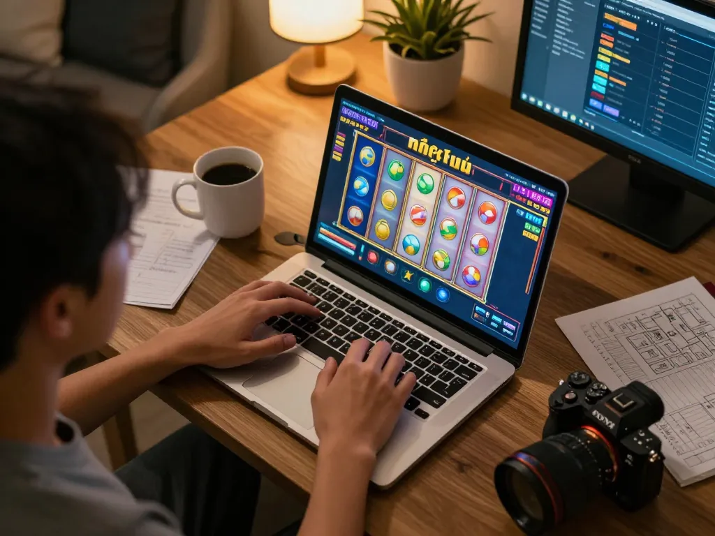 Nổ hũ gameplay scene with colorful slot reels on a laptop, cozy home setup