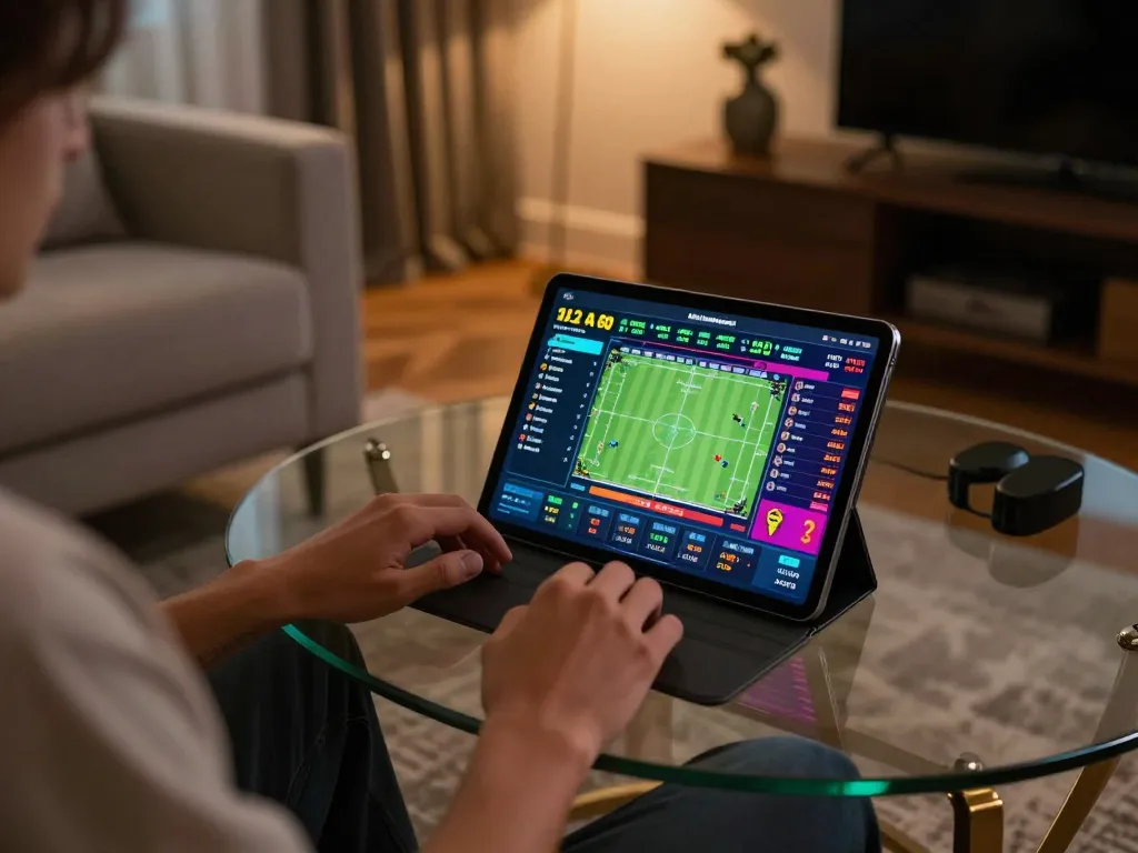UU88 sports betting scene with a player placing bets on a tablet in a cozy atmosphere.