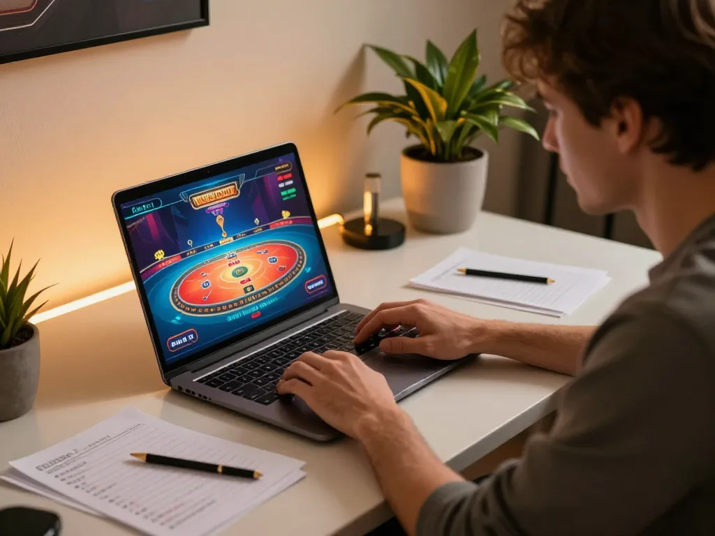 Professional player engaged in online gaming at home using a laptop, enjoying a strategic tr88 experience