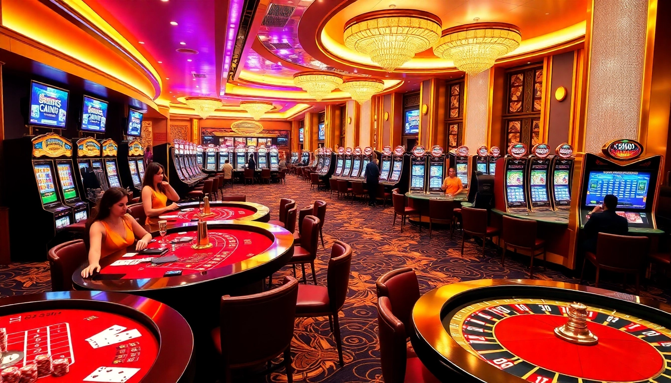 Exciting casino scene showcasing C168.COM with players at tables and colorful slot machines.