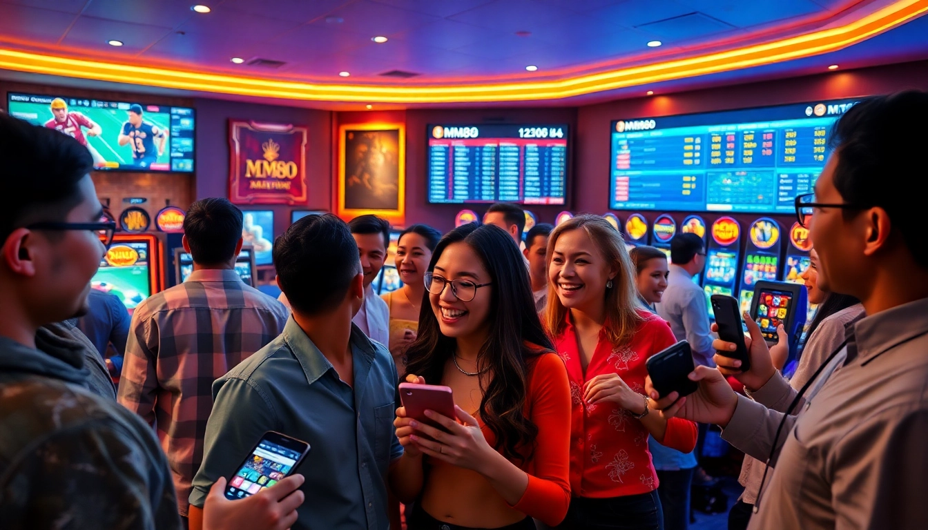 Exciting online gambling scene with MM88 branding, showcasing players engaged in sports betting and casino games.