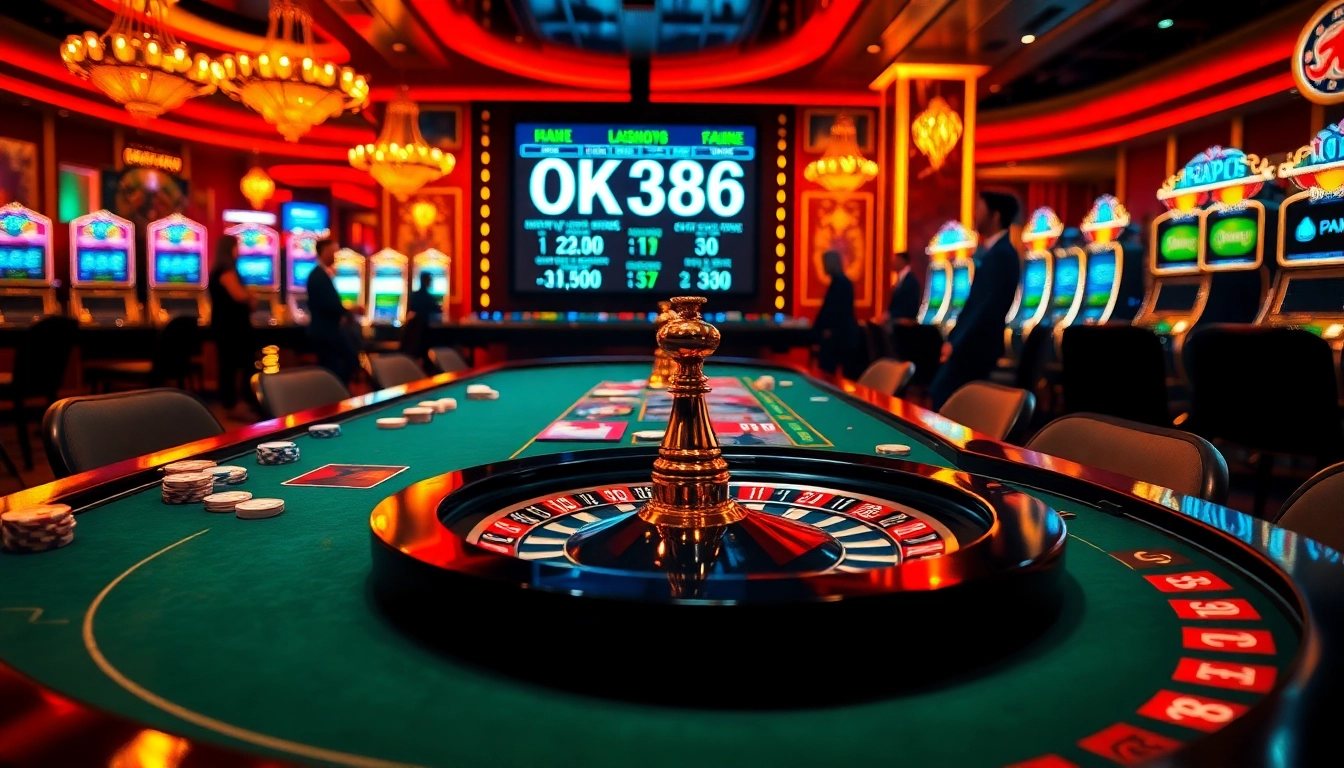 Experience thrilling casino action with OK8386 at an elegant poker table adorned with chips and cards.