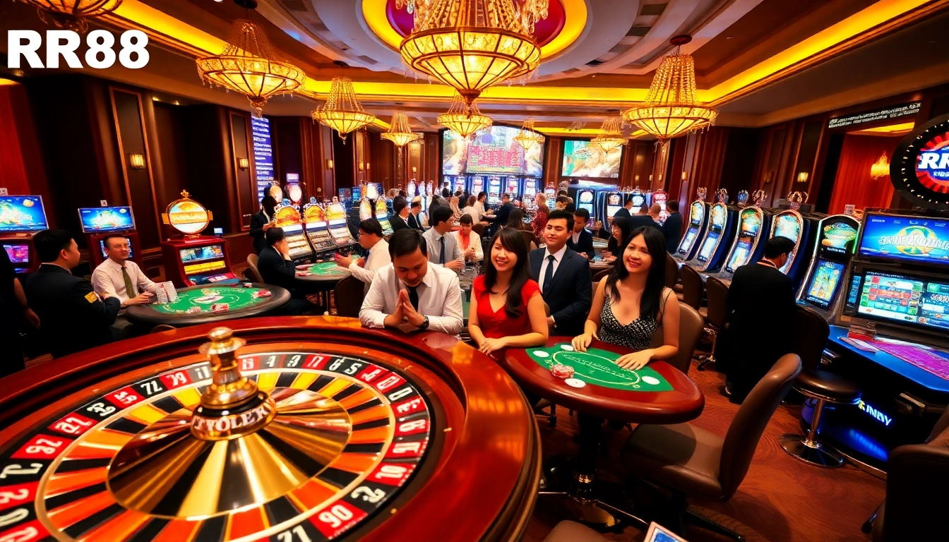 Experience the thrill of RR88's casino games with vibrant roulette wheels and excited players.