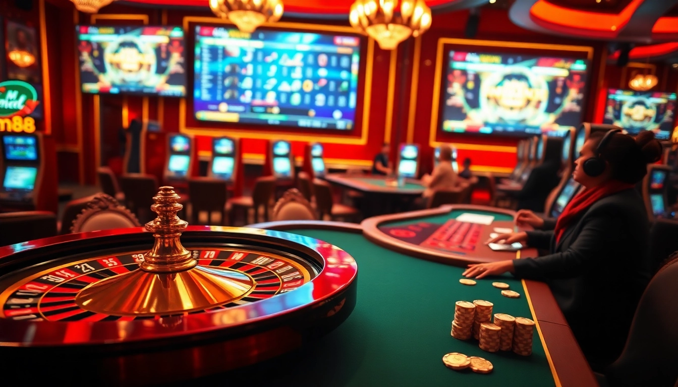 Experience the excitement of online gambling with mm88's luxurious casino scene featuring vibrant games.