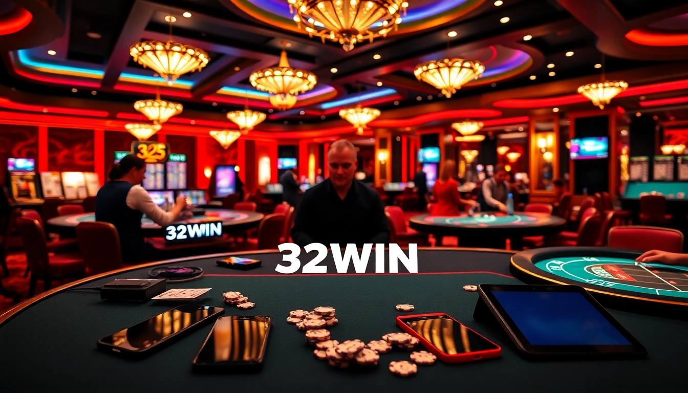 Players enjoying a thrilling game at 32win's luxurious casino tables with vibrant decor.