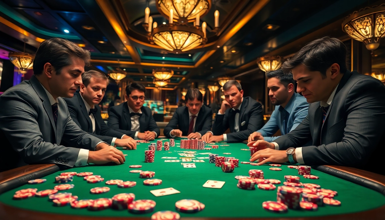 Engaged players in a thrilling Poker Game surrounded by vibrant chips and cards at a casino.