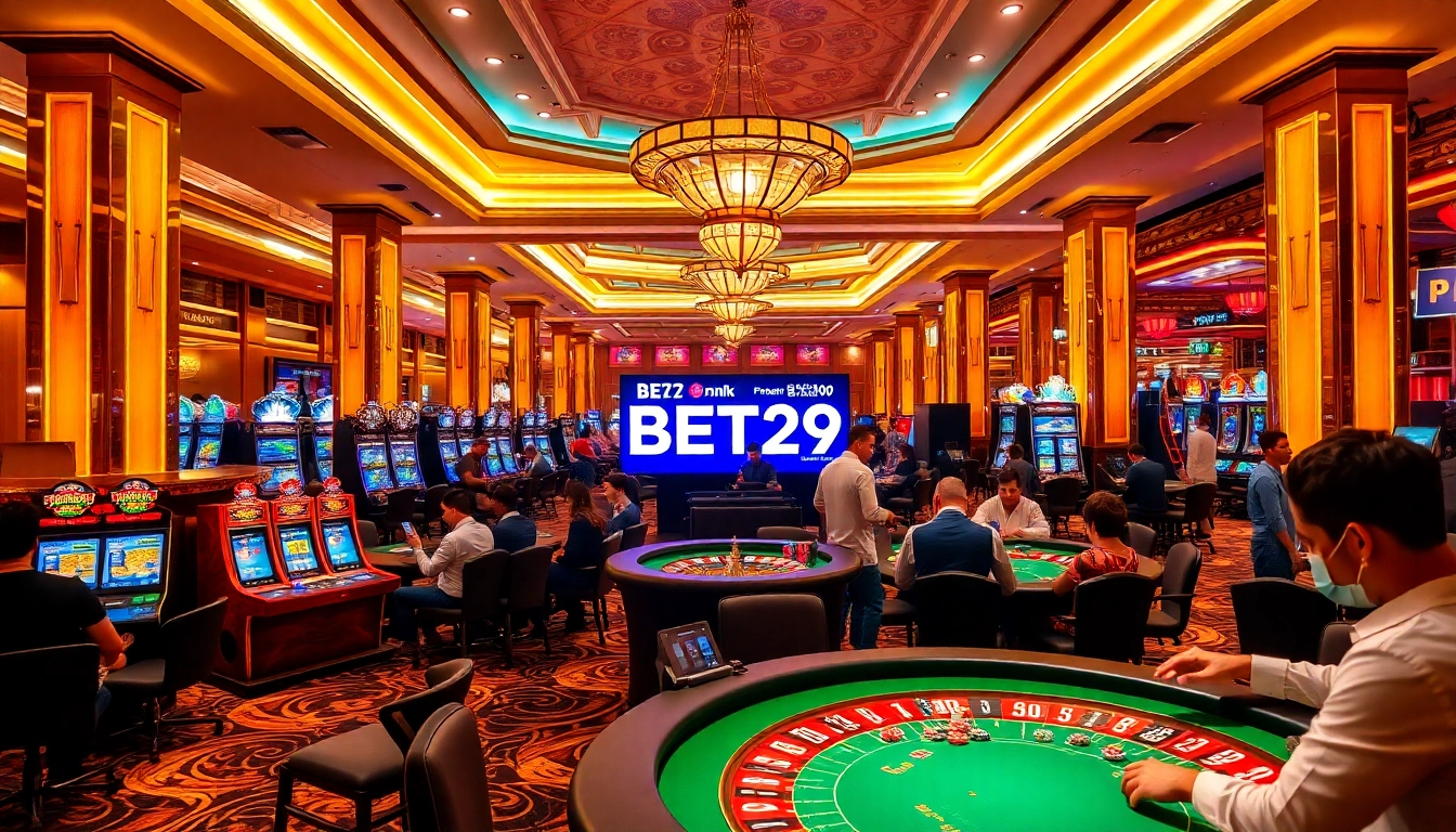 Experience the thrill of BET29 at a luxurious casino with vibrant gaming tables and excited players.