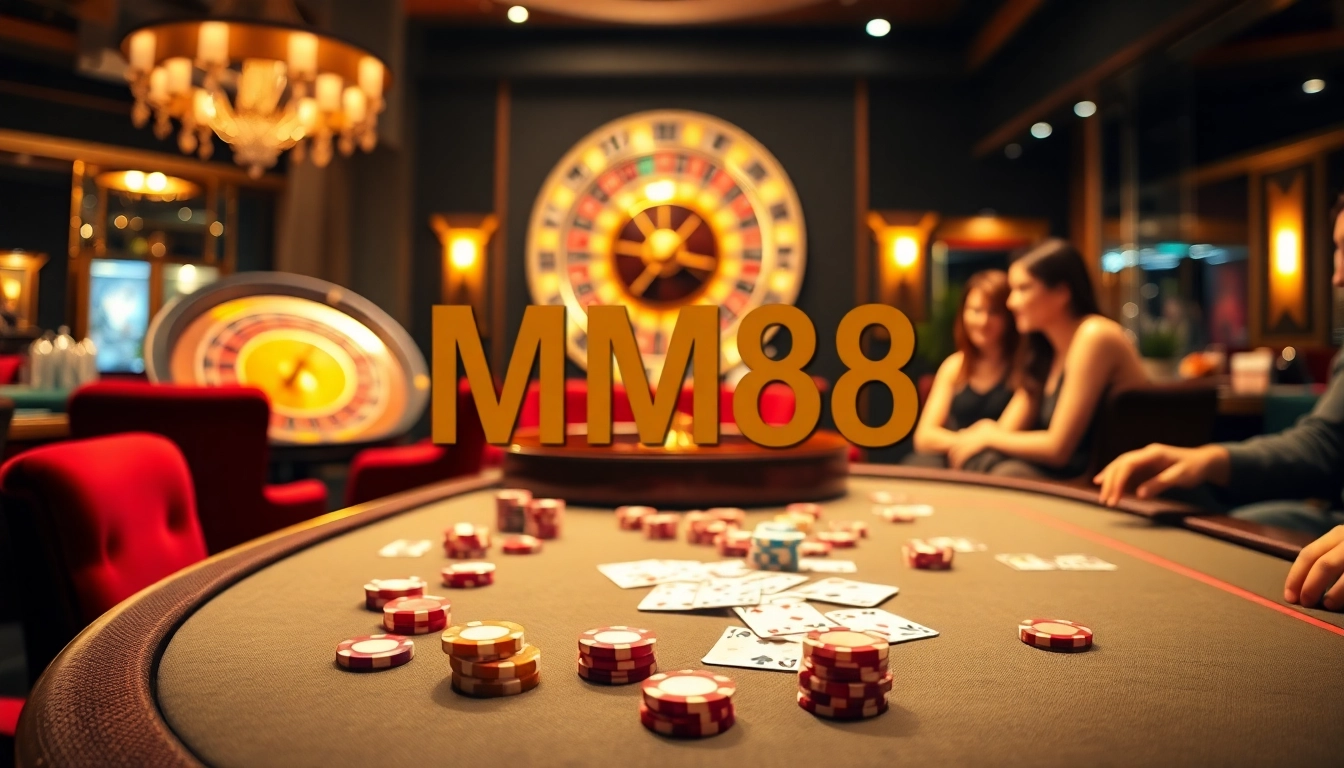 Exciting gameplay at MM88 with colorful poker chips and a spinning roulette wheel in a luxurious casino setting.