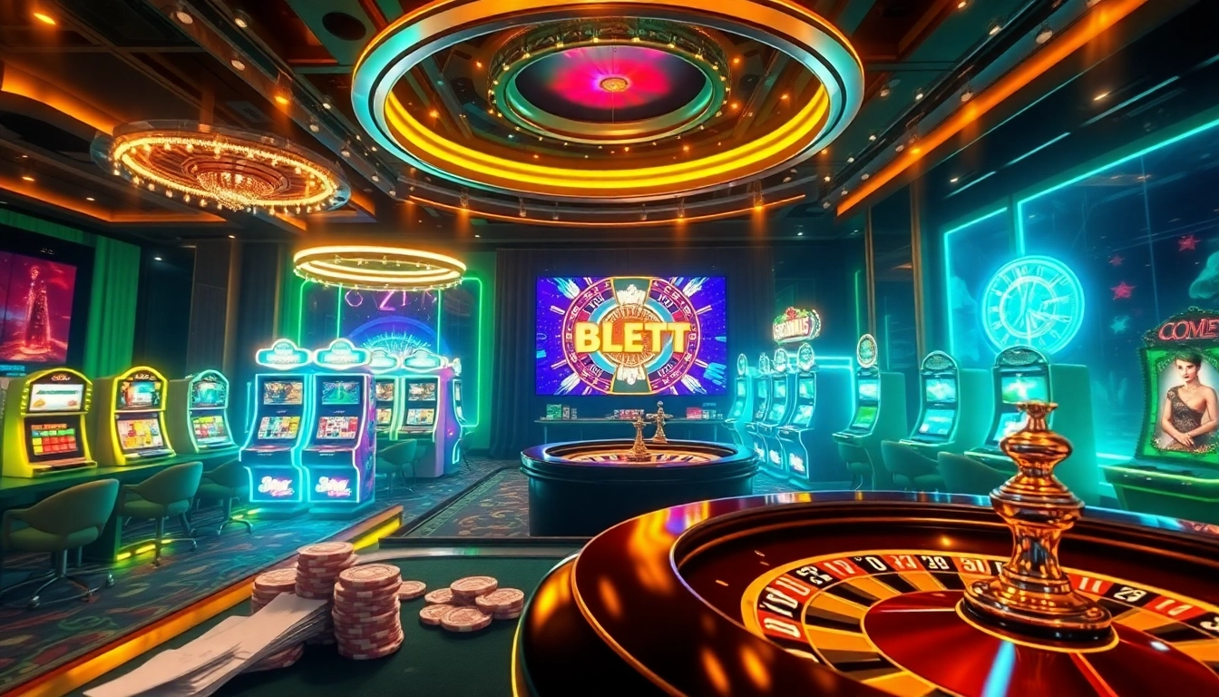 Experience the excitement of online gaming at https://bl555.cash/ with vibrant visuals of casino tables and slot machines.