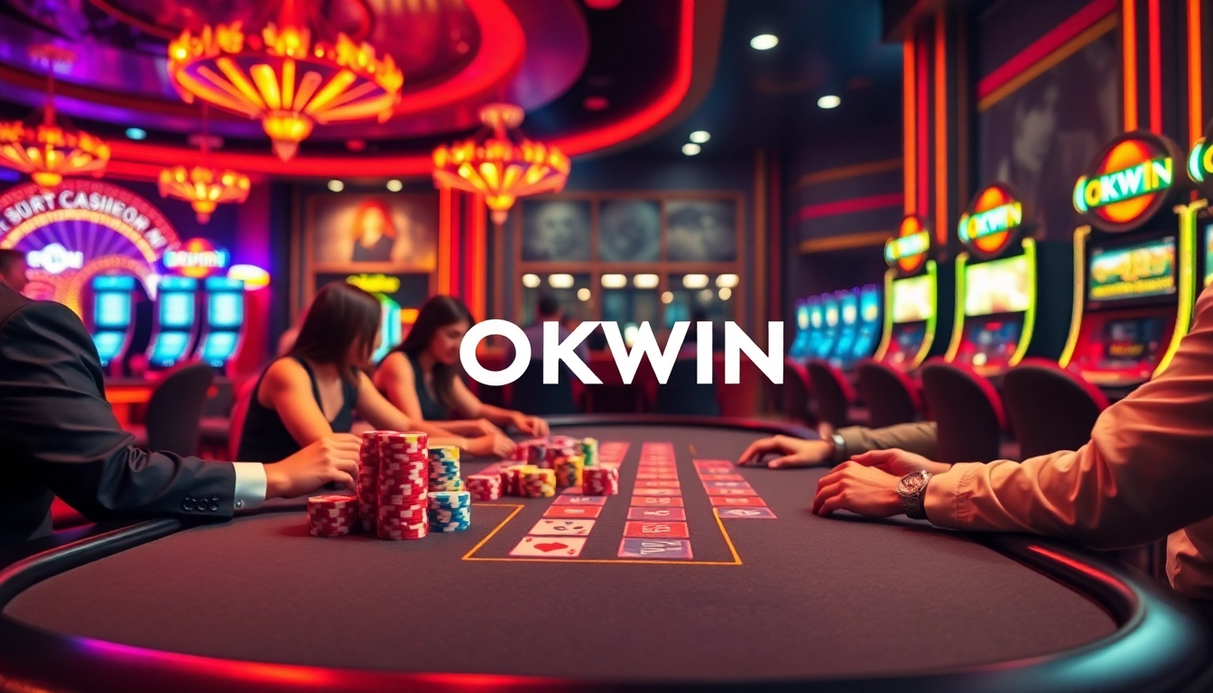 Engaged players enjoying a thrilling card game at a luxurious casino table featuring okwin branding.