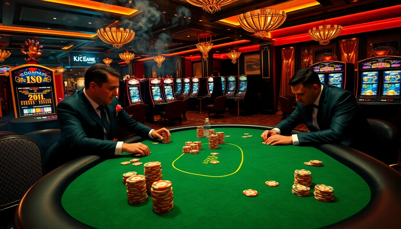KJC poker players strategizing at a high-stakes table in a luxurious casino atmosphere.