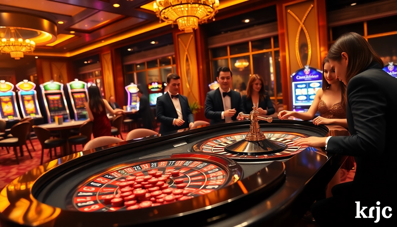 KJC gaming excitement with players at a glamorous roulette table in a luxurious casino setting.