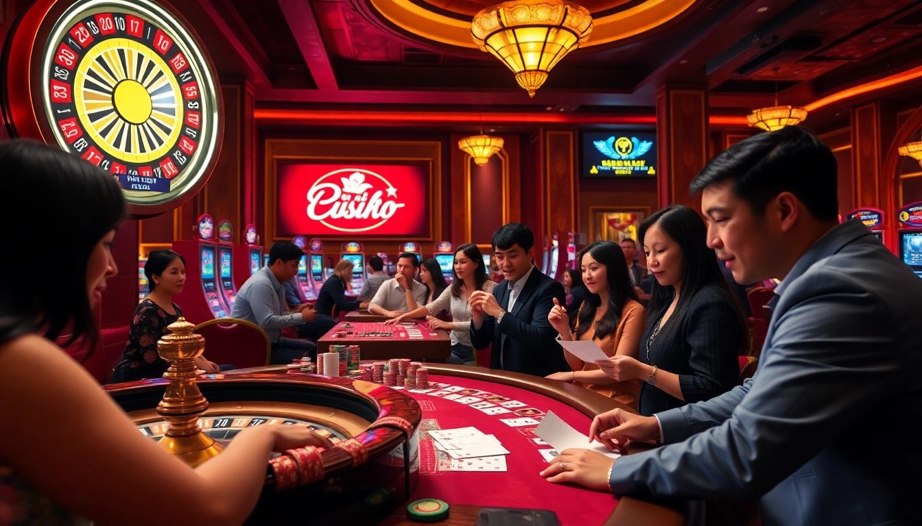 Engaging players at nhà cái bet88 enjoying a vibrant casino scene with roulette, poker chips, and slot machines.