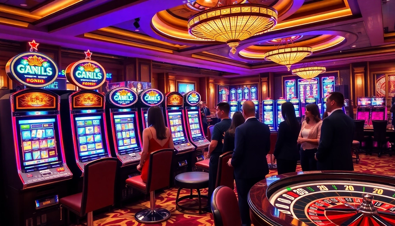 Engaging 슬롯사이트 scene with vibrant slot machines and excited players in a luxurious casino.