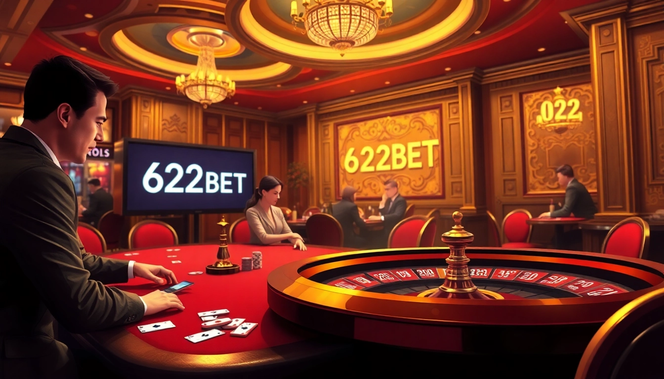 Engaged players enjoying high stakes at a casino table featuring 622BET-themed visuals.