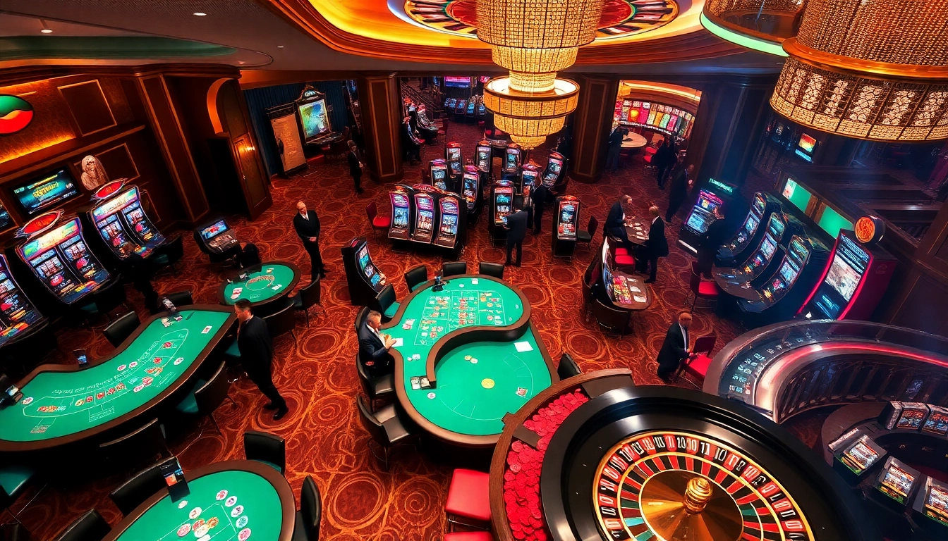 KJC casino scene featuring vibrant tables, poker chips, and a lively atmosphere.