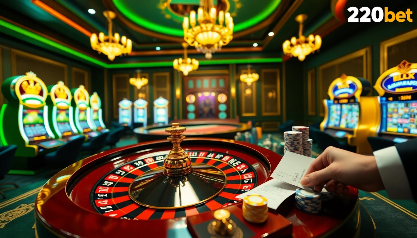 Experience the thrill of betting at 120bet with a vibrant casino scene featuring roulette, poker chips, and betting slips.