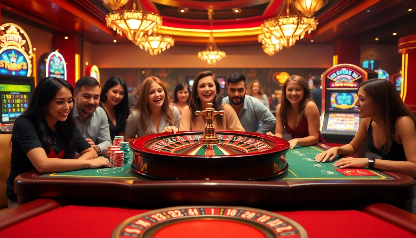 Players engage in high-stakes excitement at https://thabet.vegas/ with a stunning casino backdrop.