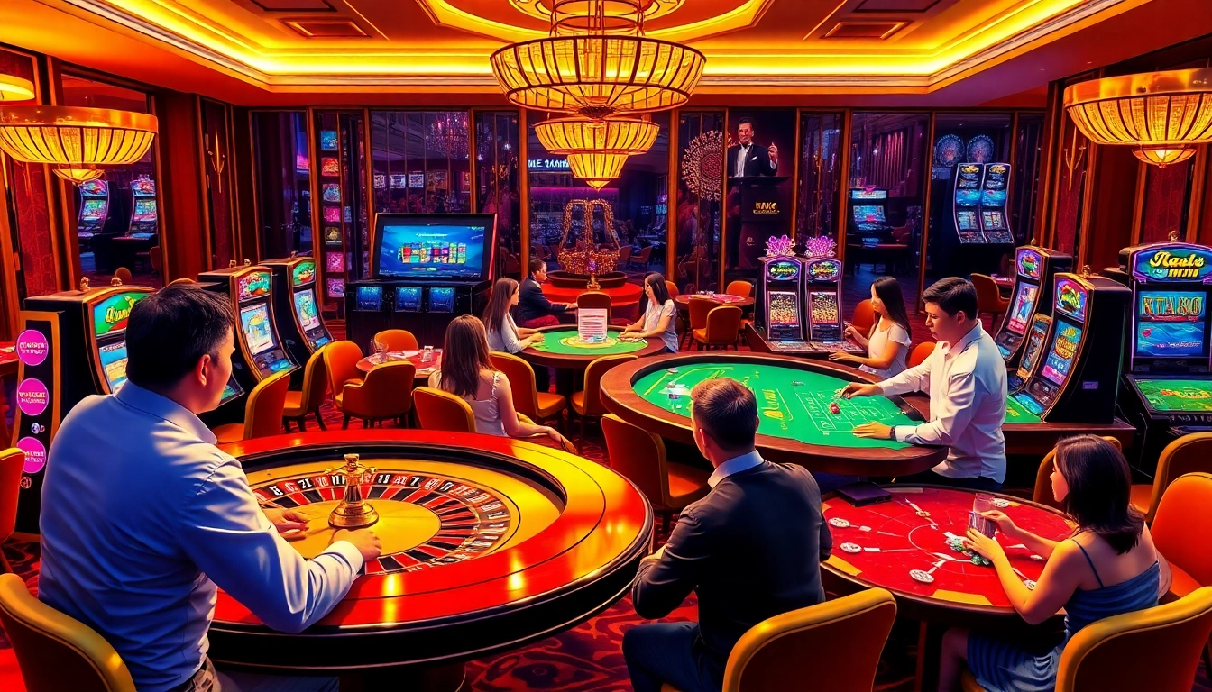 Players enjoying games at trang chủ new88, featuring roulette, slots, and poker action in an elegant casino environment.