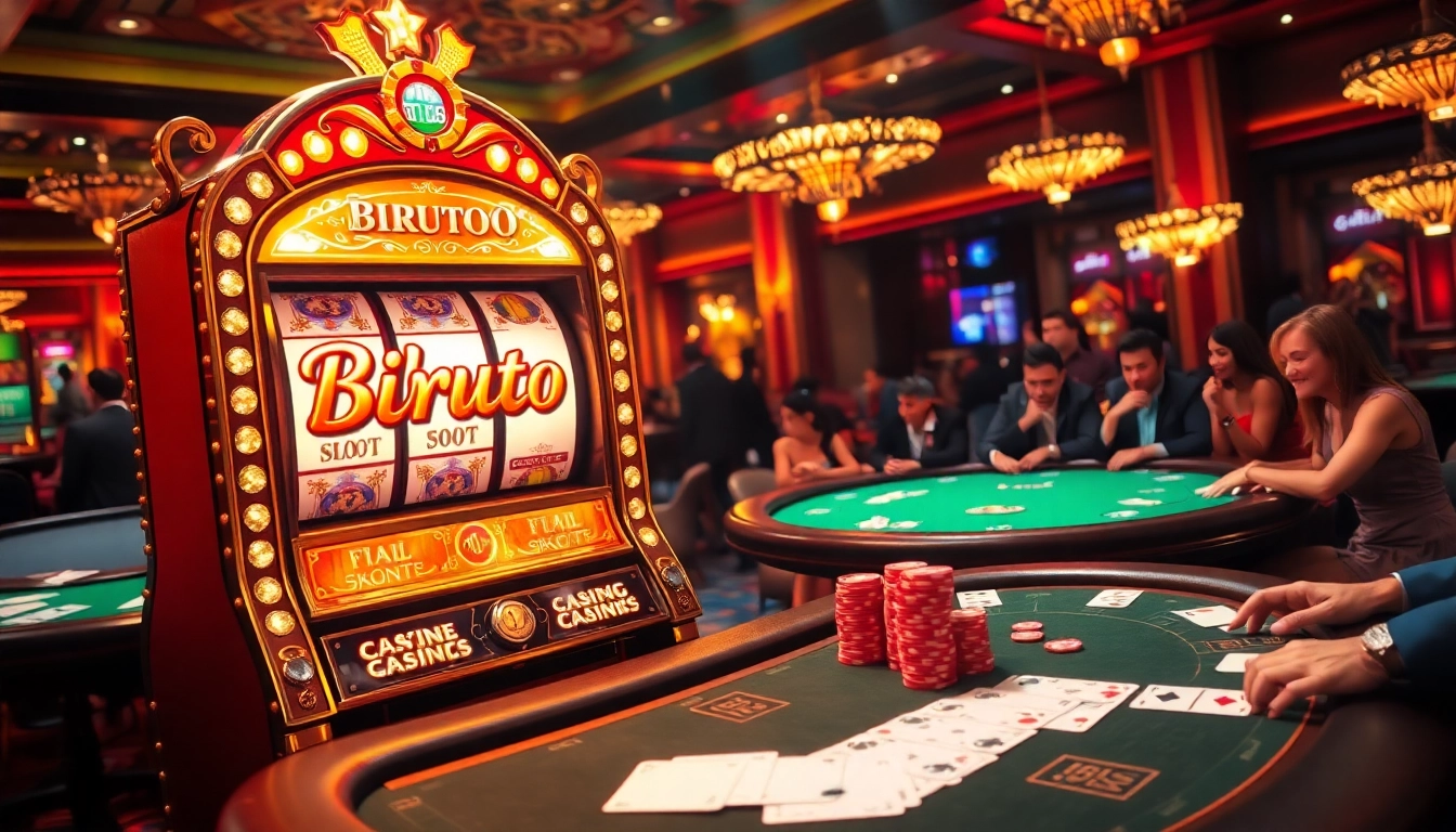 Players enjoy thrilling experiences at the Birutoto slot machine in a luxurious casino.