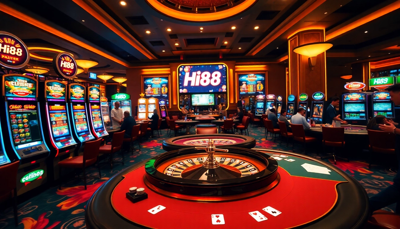 Exciting gameplay experience with Hi88 casino tables, slot machines, and roulette ambiance.