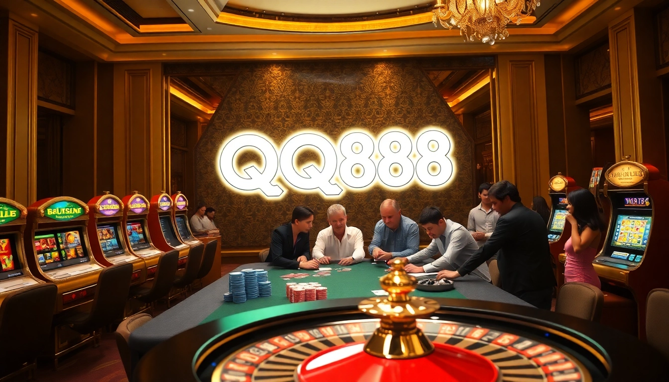 Engaging scene of QQ88 casino players enjoying poker with chips and cards.