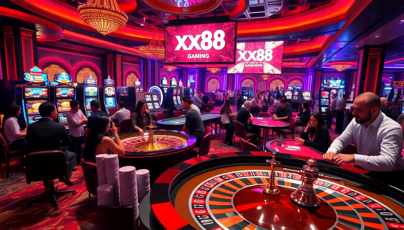 Players thrill in a vibrant xx88 casino setting with roulette and slot games, experiencing high-energy excitement.