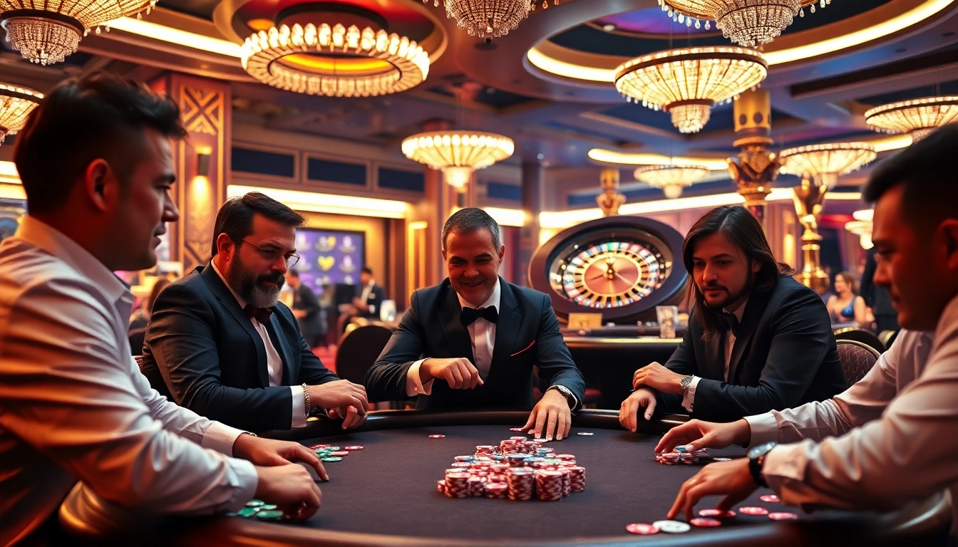 Professional players engaging in a thrilling poker game at a luxury casino, showcasing GO8 excellence.