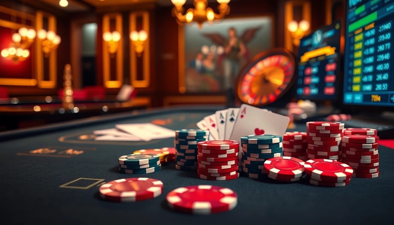 Experience the thrill of gambling at nhà cái king88 with vibrant poker chips and an elegant casino table.