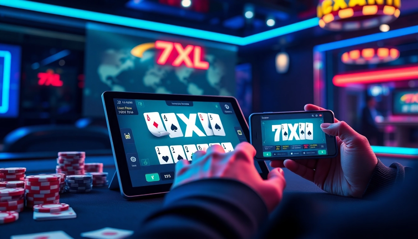 ממשק אפליקציית 7xl להורדה מוצג על מכשירים בהגדרת פוקר תוססת