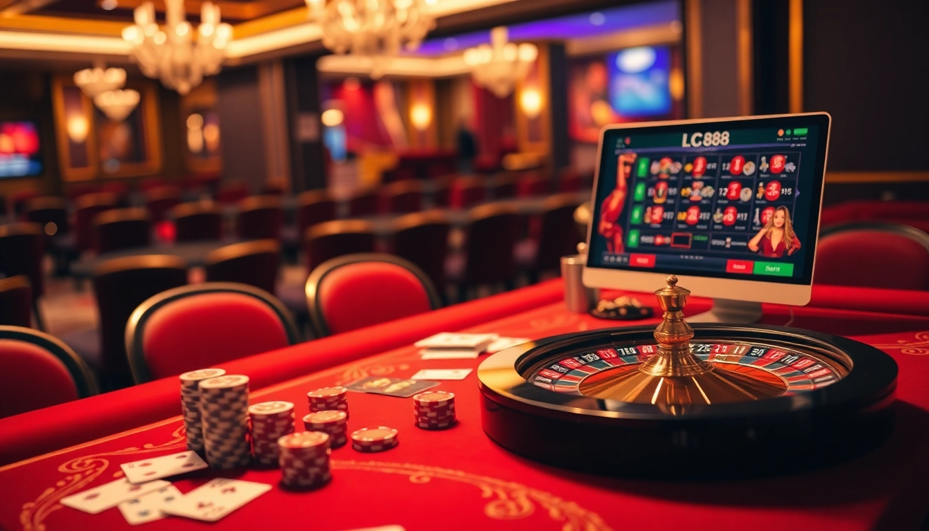 Experience excitement at lc88 trang chu with a vibrant casino scene showcasing poker and roulette.
