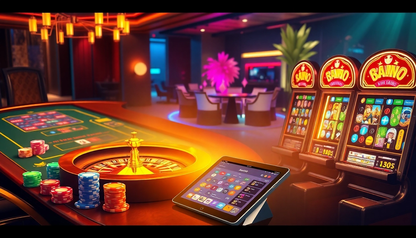 Experience the thrill of gambling at Trang chủ BL555 with vibrant casino elements, poker chips, and a roulette wheel.