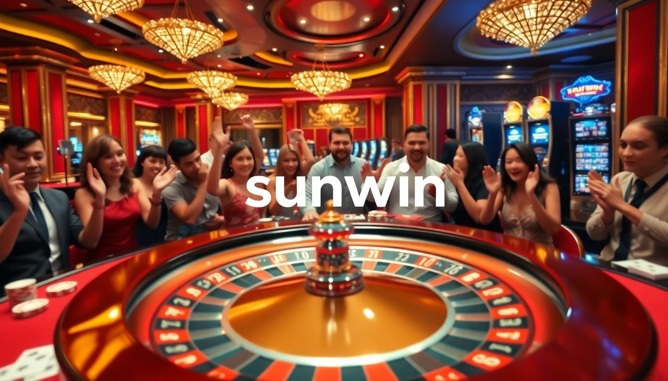 Players engaging in thrilling casino games at sunwin, featuring roulette, poker chips, and vibrant atmosphere.