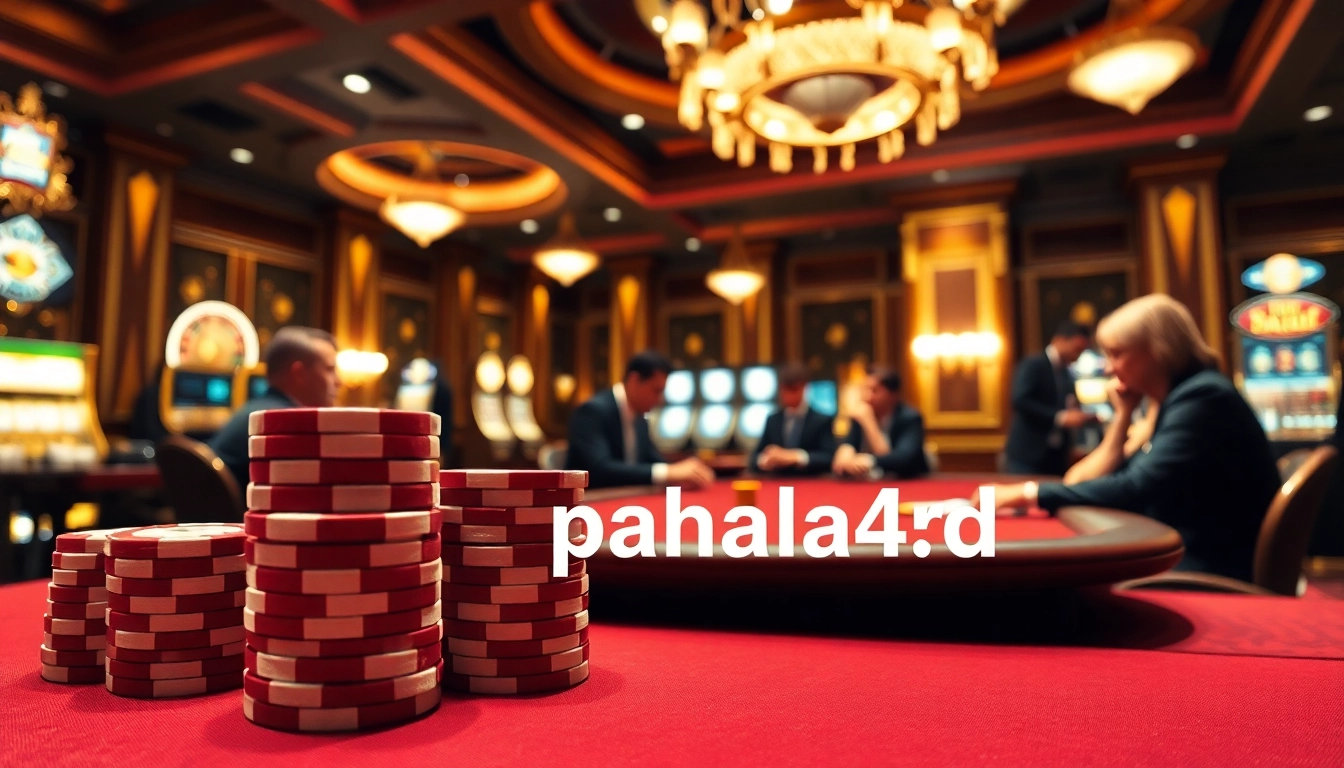 Players at a luxurious poker table strategizing with "pahala4d" chips in an exciting casino environment.