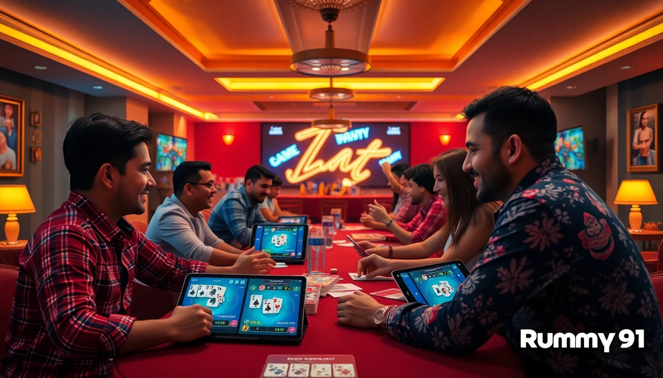 Engaging players enjoying Rummy 91 with colorful cards and digital interfaces.