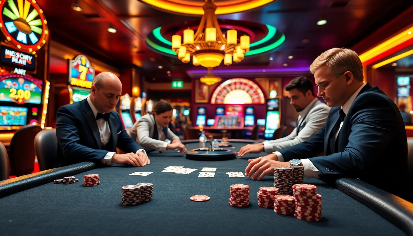 Players engaged in high-stakes poker at https://kk55.blue/ with vibrant casino atmosphere.