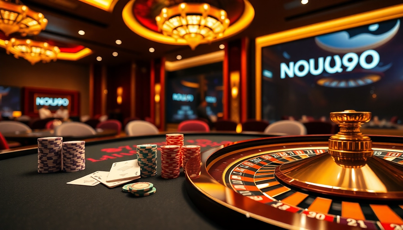 High-stakes poker gameplay at NOHU90 casino, featuring chips and cards amidst an inviting ambiance.