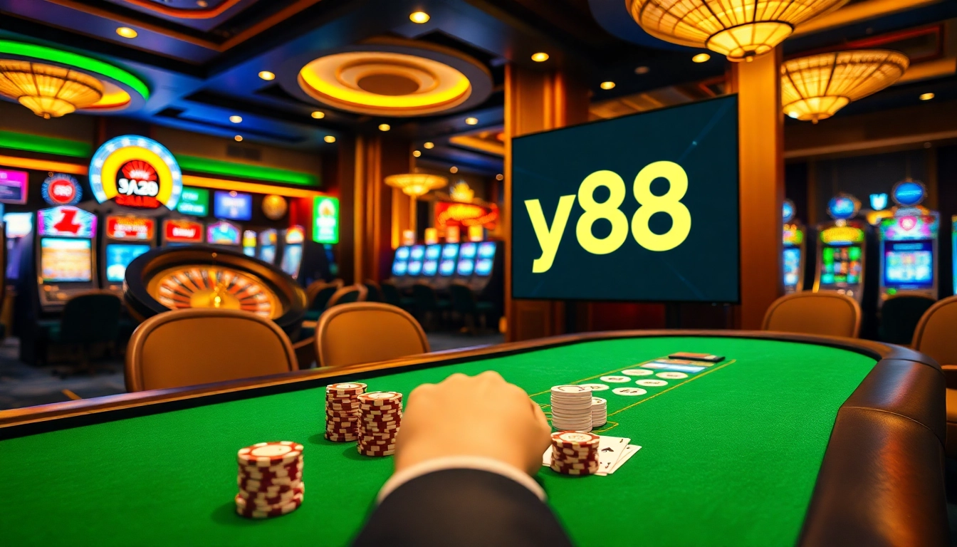 Experience the thrill of high-stakes gaming at say88 with poker chips, cards, and a vibrant roulette wheel.