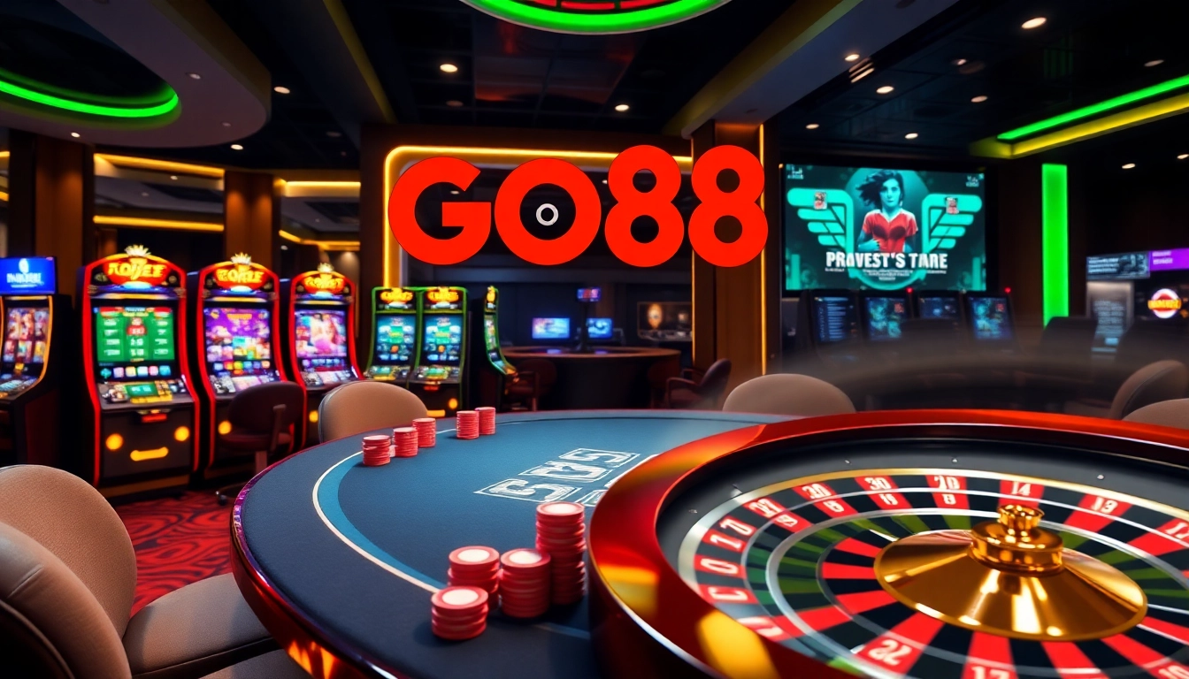 Experience thrilling gameplay at GO88 with vibrant slot machines and a lively poker table.