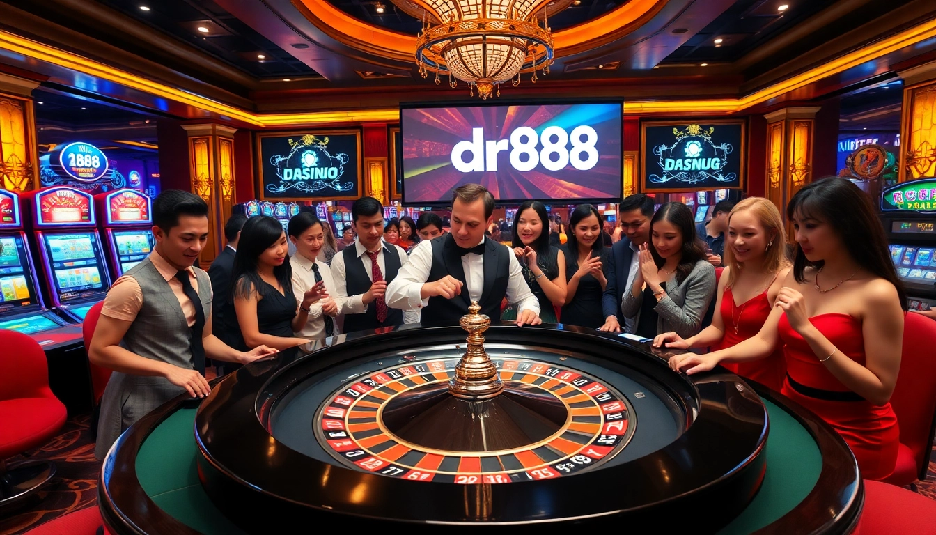 Excited players engaging with the roulette at nhà cái dr88, showcasing a lively casino atmosphere with professional croupier.