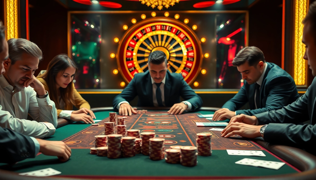 K88bet players engaged in an exciting poker game with chips and cards in a vibrant casino setting