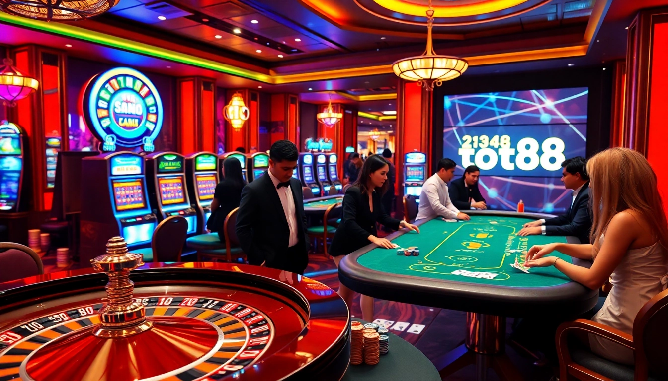 Experience thrilling gaming with raja toto88 at a vibrant casino featuring roulette and slot machines.