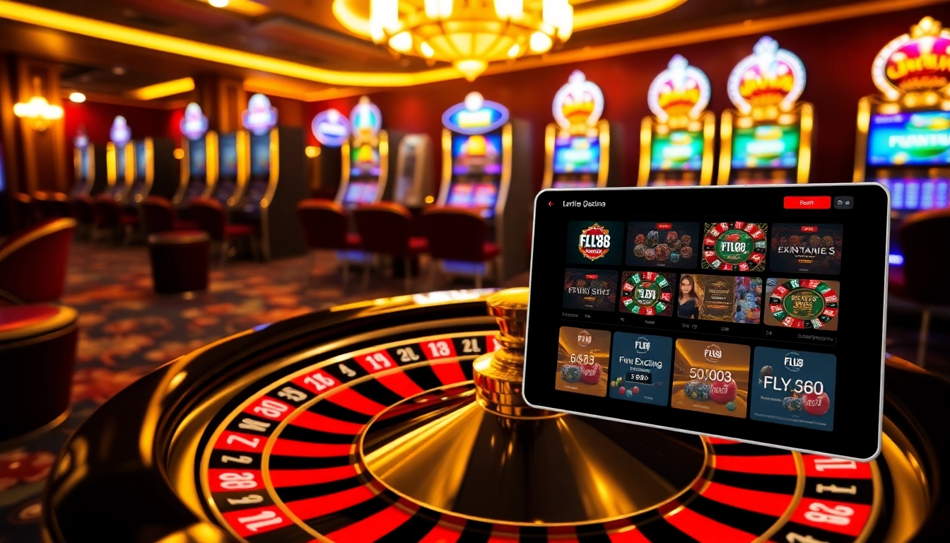FLY88 casino experience with roulette, poker chips, and an online betting interface.