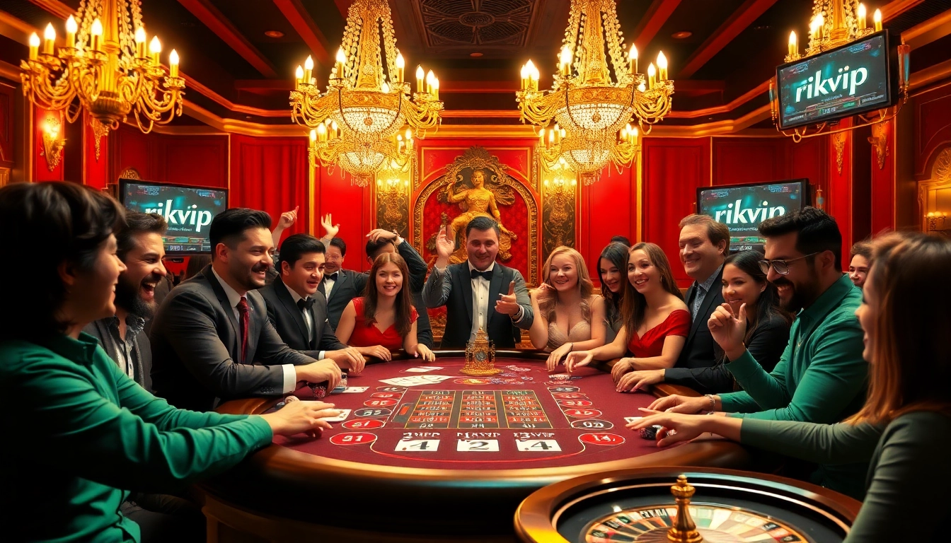 Players engaging in exciting poker gameplay at a rikvip casino table with vibrant atmosphere.