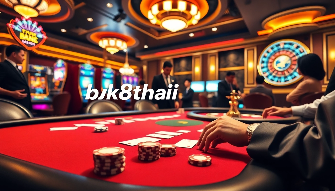 Engage in thrilling games with bk8thai ทางเข้า at a vibrant casino table featuring cards and chips.