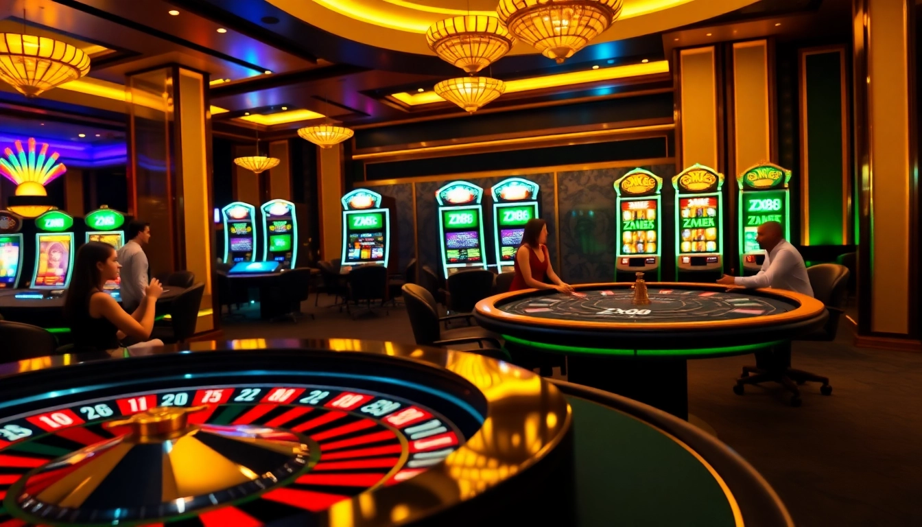 Explore the thrilling world of ZX88 at a vibrant casino featuring roulette wheels and poker tables.